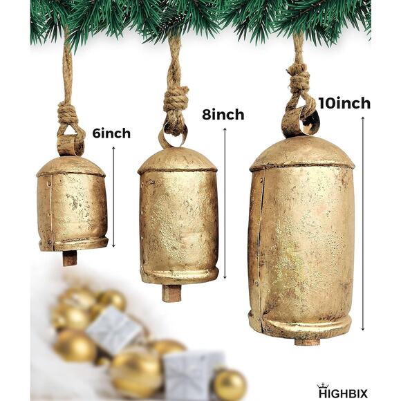 Set 3 Rustic Handmade Brass Cow Bells Vintage Large Christmas Hanging Decor - Picture 4 of 5